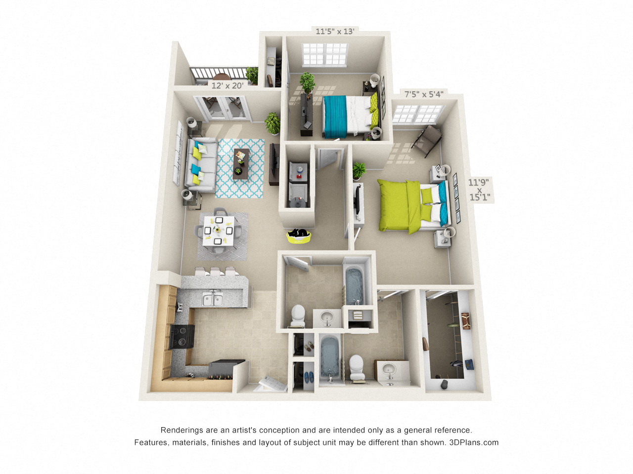 Floor plan for 2 beds, 2 baths, 1120 sqft